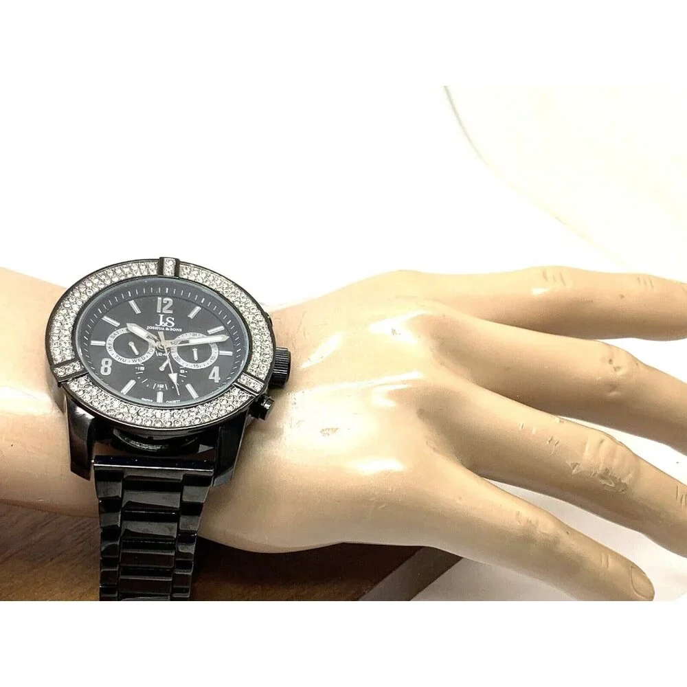 Joshua & Sons Men's Watch JS81BK Quartz Gemmed Black Dial Stainless Steel 52mm